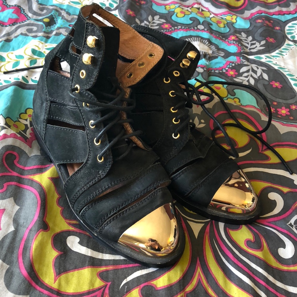 Strappy Gold Toe Jeffrey Campbell boots